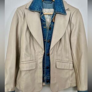 Cream Leather Blazer with Denim Accent